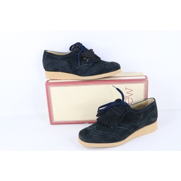 NOS Vintage 90s Streetwear Womens 8.5 Platform Pigskin Suede Fringed Shoes Blue